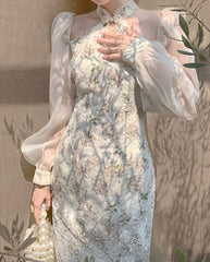 Vintage Elegant Cheongsam Dress Women Floral Embroidery Design Party Fairy Dress Female Spring Court Retro Long Split Dress