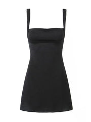 Women Fashion Black Embroidery Backless Zipper Mini Dress Vintage Straps Square Collar Female Chic Lady Dresses