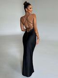 Satin Backless Maxi Dress For Women Autumn New Spaghetti Strap Sleeveless Bodycon Long Dress Vestido Clubwear