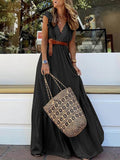 Female Sexy Ruffle V Neck Sleeveless Dress Summer Fashion Lace Waist Party Maxi Dress Elegant Casual Solid Chic Boho Beach Dress