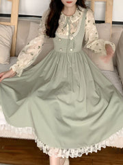 Green Elegant Vintage Strap Dress Women Spring Lace Evening Party Midi Dresses Ladies Retro Korean Sweet Kawaii Fairy Dress