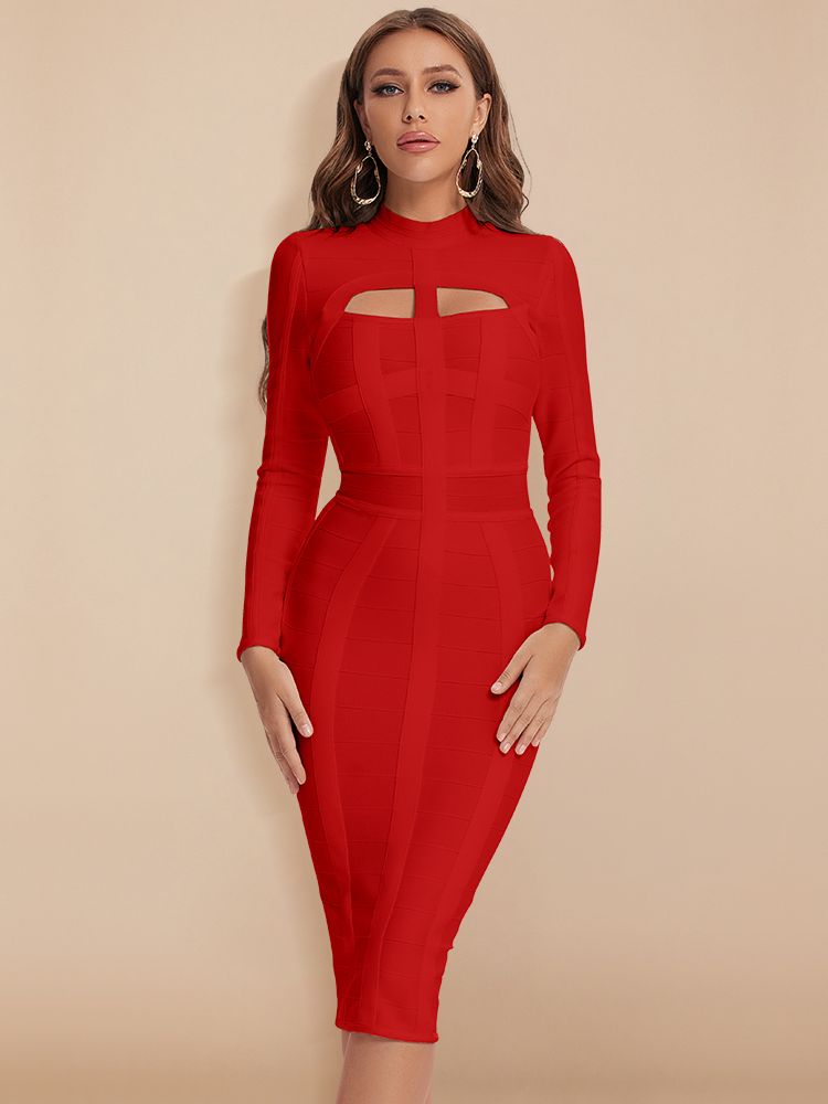 Women White Hollow Out HL Bandage Dress  Long Sleeve Bodycon Sexy Cut Out High Neck Party Red Black Midi Dress Plus XL