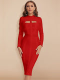 Women White Hollow Out HL Bandage Dress  Long Sleeve Bodycon Sexy Cut Out High Neck Party Red Black Midi Dress Plus XL