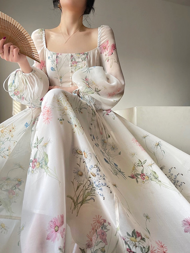 French Elegant Floral Midi Dress Chiffon Long Sleeve Evening Party Dress Woman Beach Fairy One Piece Dress Korean Summer