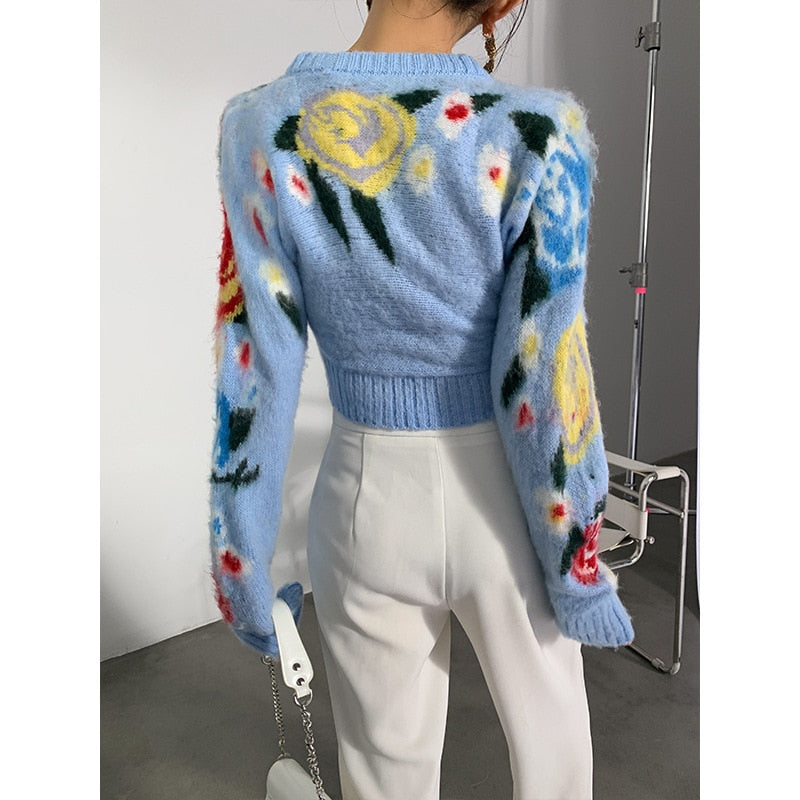 Mohair Cardigan Crop Top Floral Jacquard Knit Cardigan Women V Neck High Waist Sweater Coat Spring Runway Cardigan Sweater