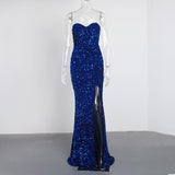Sexy Split Sleeveless Stretch Sparkle Sequin Floor Length Party Dress Strapless Padded Bodycon Mermaid Maxi Dress Black