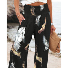 Ninimour Women Spring Summer Casual Loose Long Trousers Feather Print Pocket Design High Waist Wide Leg Pants Holiday Pants