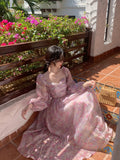 Vintage Long Sleeve One Piece Chiffon Dress for Women Fairy Elegnat French Floral Party Midi Dresses Evening Korean Summer