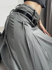 Safari Style Tassel A-Line Skirt With Sashes Casual Streetwear Pockets Low-Waisted Maxi Skirts Women Autumn Winter