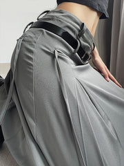 Safari Style Tassel A-Line Skirt With Sashes Casual Streetwear Pockets Low-Waisted Maxi Skirts Women Autumn Winter