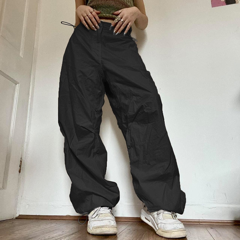 Women Casual Joggers Tech Pants Vintage Solid Low Waist Drawstring Baggy Trousers Y2K Wide Leg Sweatpants Streetwear Cargo Pants