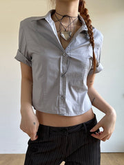 Elegant Fashion Solid Satin Blouse Office Ladies Casual Basic Turn-Down Collar Short Sleeve Shirts Women Summer