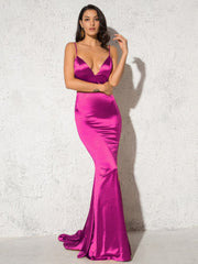 Deep V Neck Black Satin Maxi Dress Long Mermaid Bodycon Floor Length Open Back Stretch Cut Out Party Dress