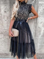 Pbong Women Elegant Turtleneck Lace Patchwork Party Dress Sexy Sleeveless Ladies Summer Mesh Ruffle Dress Cute Princess Lace-Up Dress