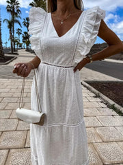 Sexy Solid Ruffles Maxi Beach Dress Summer Fashion Slimming Backless White Dress Elegant Casual Embroidery Lace-up Party Dresses