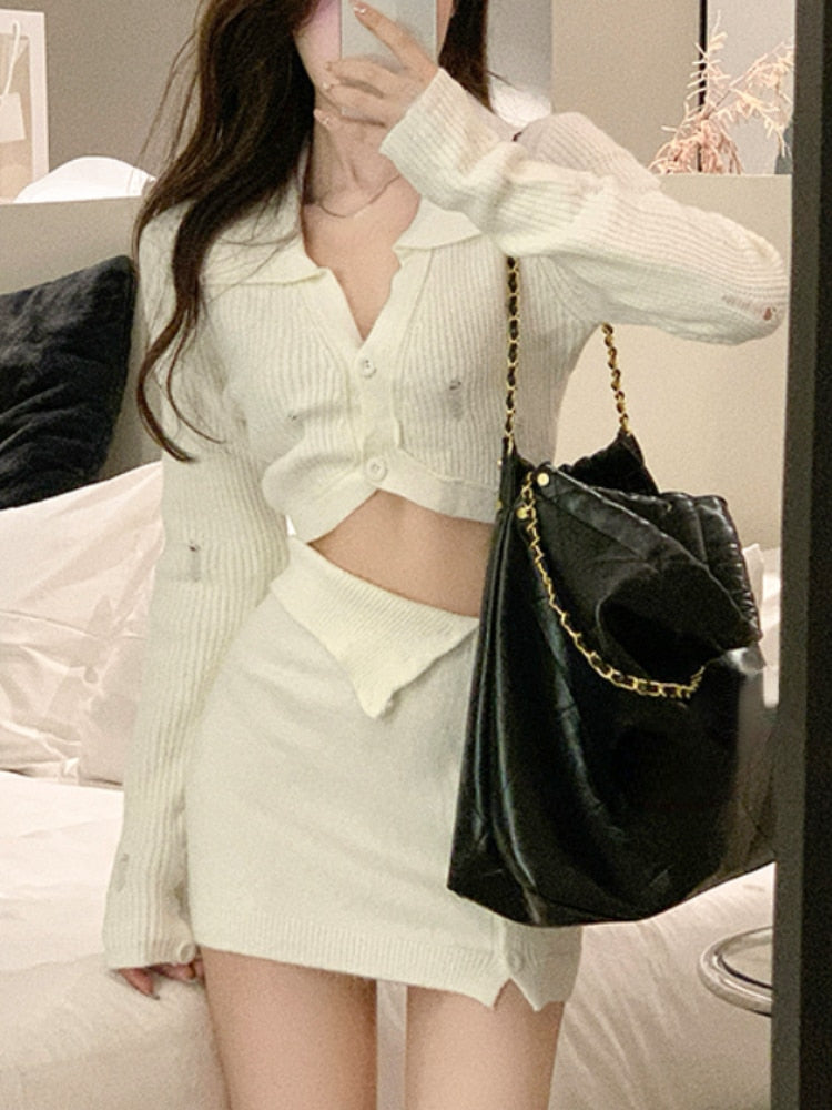 Knitted 2 Piece Dress Set Dress Women Autumn Casual Long Sleeve Korean Style Sweater Suit Office Lady Elegant Y2k Chic Sets