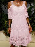New Casual Loose Smocked Sundress Summer Vintage Lace Paneled Resort Style Dress Women Sling Off Shoulder Beach Dresses Vestidos
