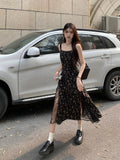 Y2k Vintage Black Floral Dress Women Korean Style Mesh Irregular Split One Piece Slip Long Chiffon Fairy Dresses Summer