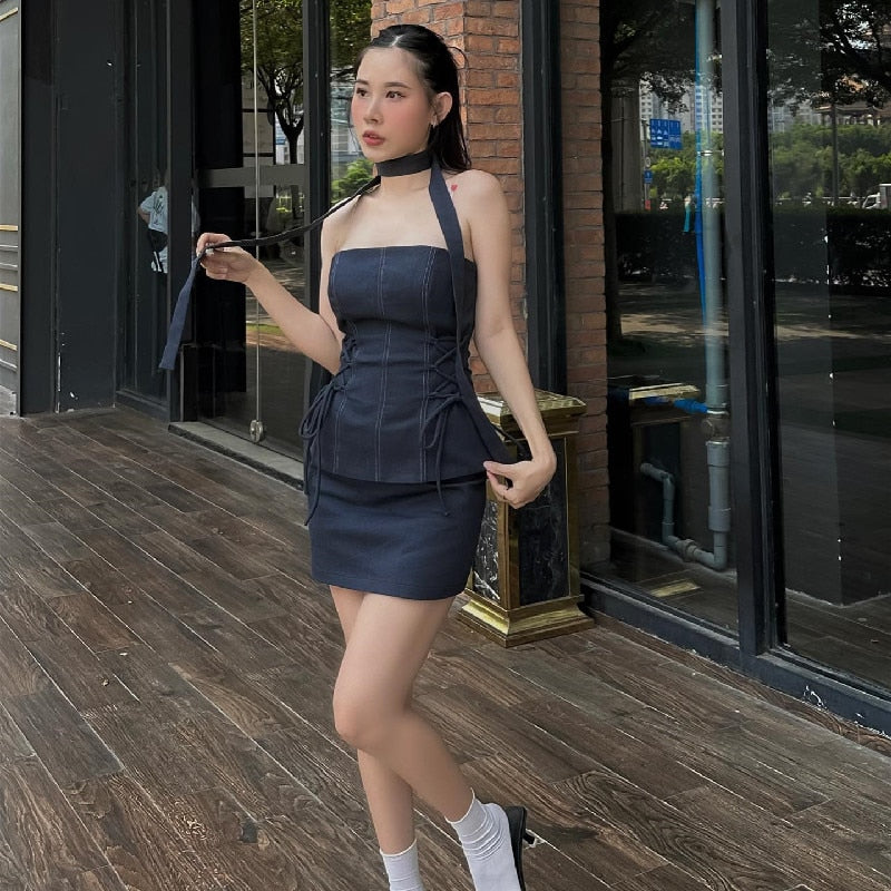 Women Formal Occasions Two Piece Set Sexy Side Cross Bandage Solid Tube Tank Top With Skinny Slim Skirt Summer New