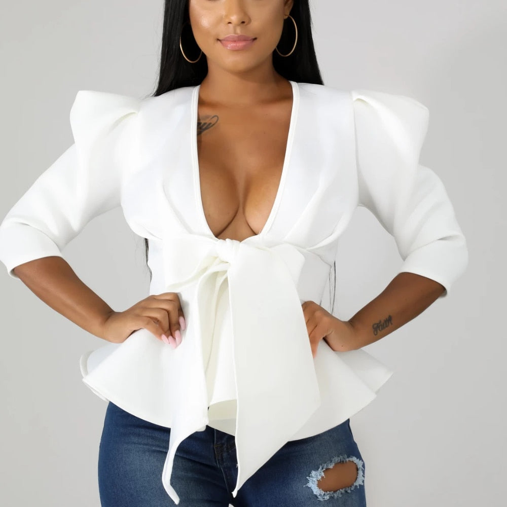 Pbong mid size graduation outfit romantic style teen swag clean girl ideas 90s latina aestheticWomen Peplum Blouse Tops with Waist Belt Bowtie Half Sleeves Deep V Neck Sexy Party Clubwear Night Date Out Evening Bluas Ladies