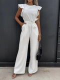 Summer Fashion Waist Lace-up Party Wide Leg Pant Women Elegant Solid Ruffle Sleeve Jumpsuit Casual Office O Neck Romper Overalls