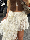 Casual Solid Lace Asymmetrical Skirt Basic Slim Mid-Waisted Mini Skirts Women Summer Fashion Streetwear Ladies