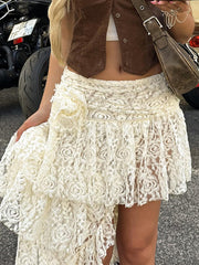 Casual Solid Lace Asymmetrical Skirt Basic Slim Mid-Waisted Mini Skirts Women Summer Fashion Streetwear Ladies
