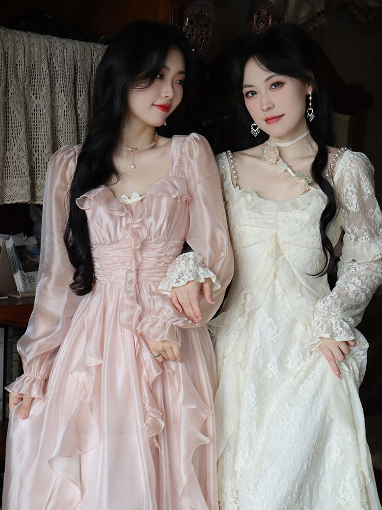 Autumn Vintage Party Midi Dress Women Pink Fairy Korean Style Sweet Dress Female Bubble Sleeve Elegant Evening Party Dress