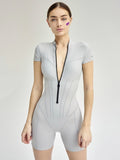 Short Sleeve Playsuit Women Overalls Spring Striped Zipper Sporty Rompers Ladies Casual Bodycon Playsuits