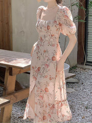 Summer French Elegant Vintage Dress Office Lady Short Sleeve Beach Style Floral Midi Dress Women Chic One Piece Dress Korea