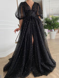 Sexy V Neck Shiny Mesh Puff Sleeve Dress Elegant Summer Waist Slit Slim Party Dress Women Fashion Solid Chic Pleated Long Dress
