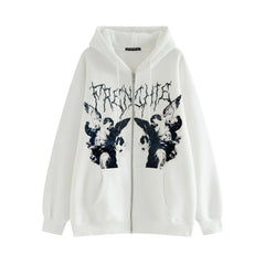 Hip Hop Streetwear Women Angel Dark Print Harajuku Hooded Jacket Sweatshirts  Autumn Punk Zipper Y2k Tops Coat Goth Outwear