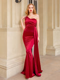 One Shoulder Padded Sexy Satin Maxi Dress Women&#39;s Evening Party Dress Gown with Ribbon Royal Blue Green Draped Long Dress