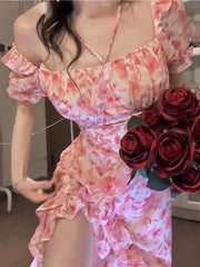 Autumn Beach Floral One Piece Dress Korean Ladies Short Sleeve French Elegant Dress Fashion Party Casual Vintage Midi Dress