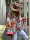 Pink Vintage Print Patchwork Cotton Coats For Woman Casual Loose Long Sleeve Short Jackets Autumn Female High Street Outerwear