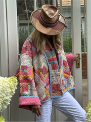 Pink Vintage Print Patchwork Cotton Coats For Woman Casual Loose Long Sleeve Short Jackets Autumn Female High Street Outerwear