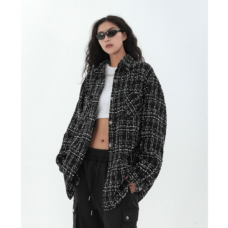 Women's Fashion Polo Collar Weave Jacket Outerwear Vintage Plaid Pocket Long Sleeves Casual Street Baggy Tops Autumn Ladies