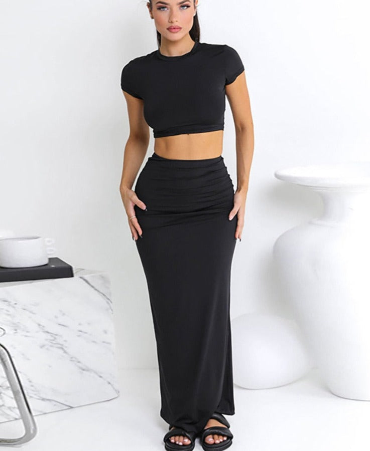 Basic Casual Solid Two Piece Set Women Hipster Short Sleeve O-neck T-shirts + Matching Hip Skirt Female Bare Midriff suit