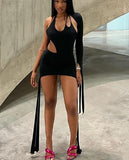 Dress Women Solid Sexy Cutout Sloping Shoulder Dress Fringe One Shoulder Sleeve Mini Dress Female Midnight Party Dress