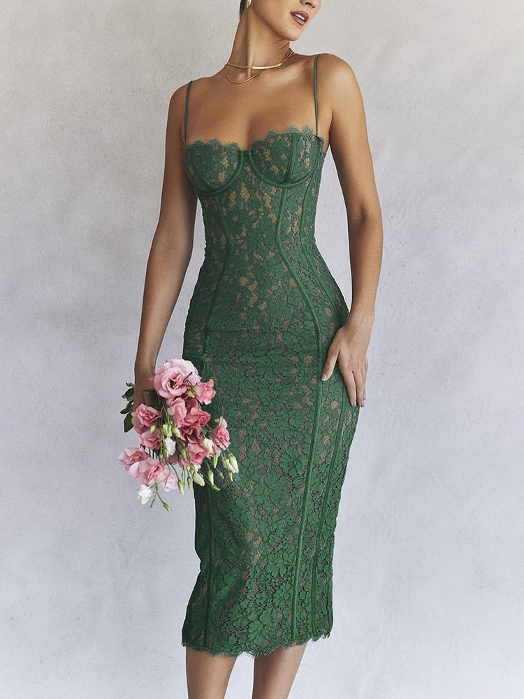 Midi Lace Green Dress Elegant Sexy Night Wedding Guest Evening Party Dresses Spaghetti Strap Birthday Dresses for Women