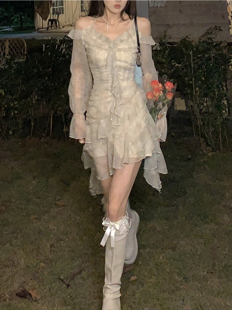 Summer Long Sleeve Floral Fairy Dress Woman Beach Elegant Party Mini Dresses Casual Vintage One Piece Dress Korean Fashion