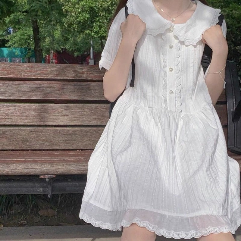 Kawaii White Lolita Dress Women Soft Girl Sweet Princess Ruffle Elegant Dresses Peter Pan Colalr Button Summer