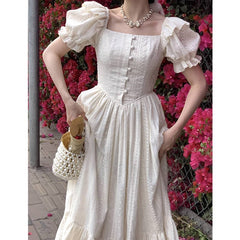 Elegant Square Collar White Dress Summer Fashion Puff Sleeve Ruffle Dress for Women Chic Vintage Maxi Dresses New