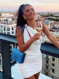 One Shoulder Mesh Sexy Bodycon Dresses Women White Pleated Mini Summer Dress Vestidos Elegant Club Party Dresses