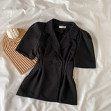 Women Black Suit Collar Short Sleeve Tops White Short Skirt Two Piece Set Casual Korean Fashion Baggy Ladies Suit Summer