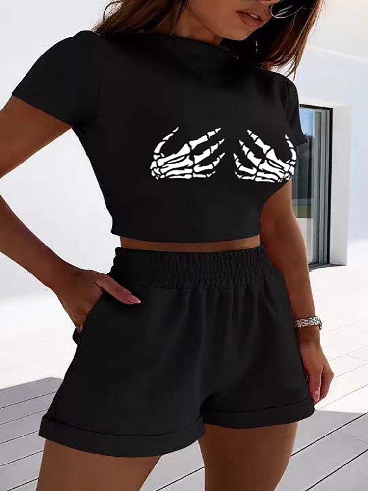 Casual Solid Sportswear 2 Piece Sexy Tight Print Top + Elegant Elastic Waist Pocket Shorts Suit Summer Fashion Women Street Sets