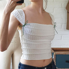 Y2K Cute Bow Lace Up Crop Top Aesthetic Texture Square-neck Sleeveless T Shirt Summer Women Streetwear Slim Tees