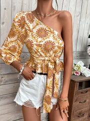 Women New Pattern Print One Shoulder Blosues Sexy Skew Collar Waist Lace-up T-Shirt Top Fashion Casual Office Long Sleeve Blusas