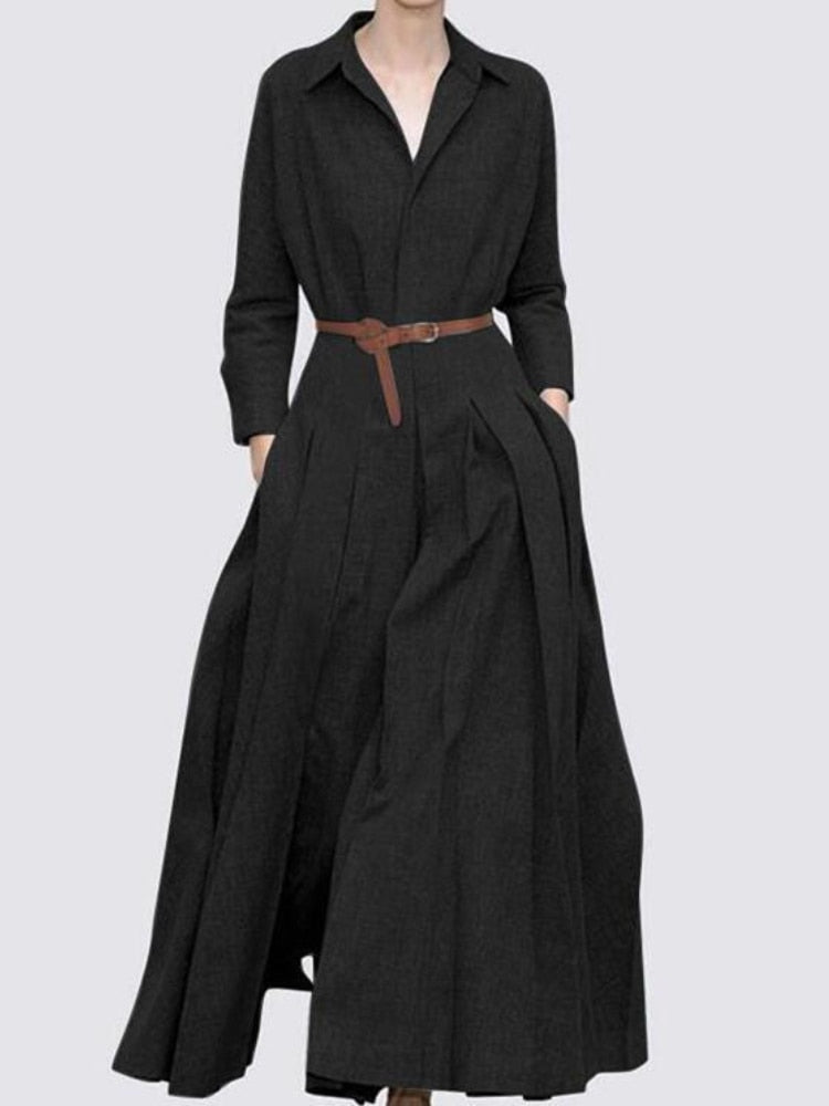 Spring Summer Women's Long Skirt Fashion Long Sleeve Lapel Pleated Dress Office Lady  Solid Color Dress for Women Robe