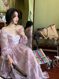 Vintage Long Sleeve One Piece Chiffon Dress for Women Fairy Elegnat French Floral Party Midi Dresses Evening Korean Summer